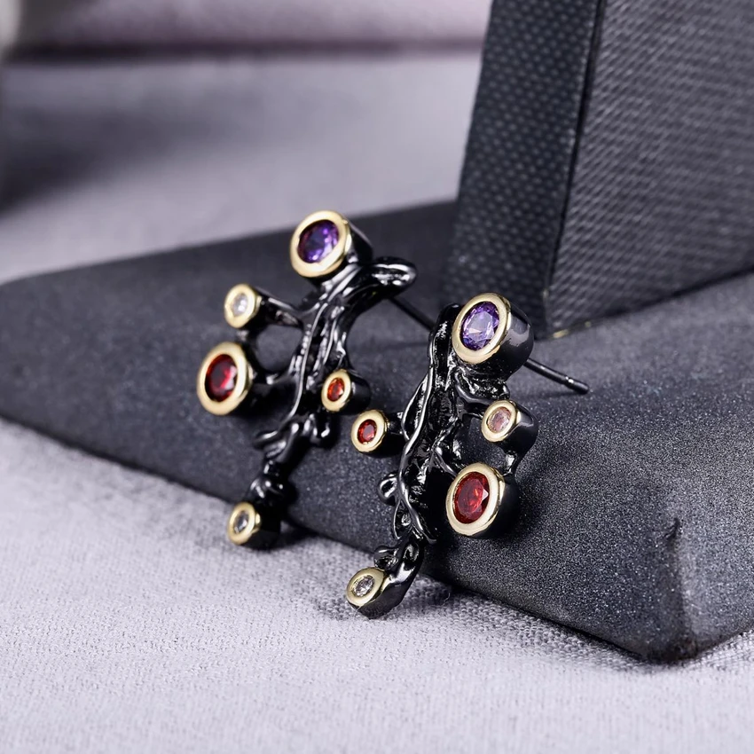 ZHE FAN Vintage Stud Earrings For Women AAA CZ Zirconia Black Gold Color Tree Branch 2 Tone Plating Jewelry Party Gift |