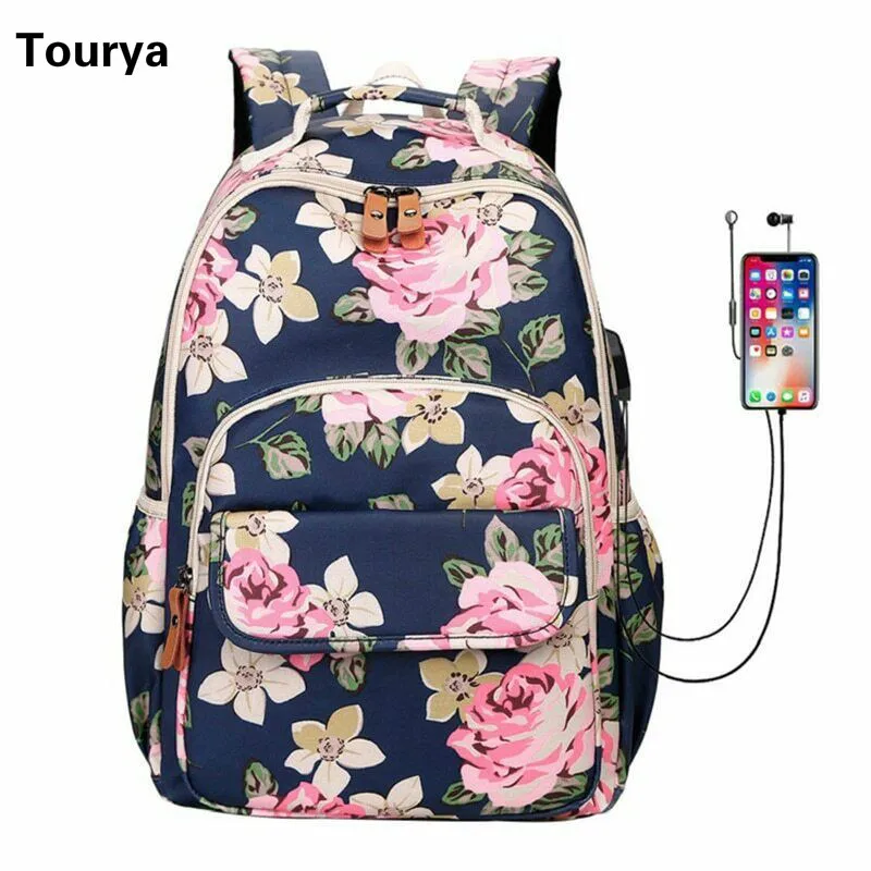Tourya Мода цветок печати для женщин рюкзак водостойкий USB зарядка школьные рюкзаки