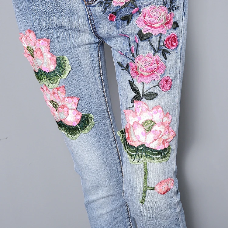 

2018 new slim embroidered sequined lotus jeans women fashion ladies stretch skinny pencil long pants A303