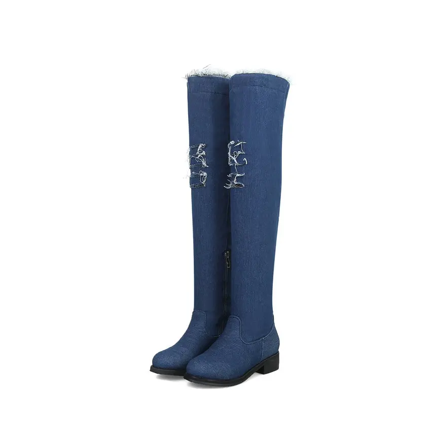 Dark blue ESVEVA/ г. Женские ботфорты на среднем каблуке Элегантные Осенние ботинки из джинсовой ткани с круглым носком ботинки на молнии на квадратном каблуке размеры 34-43 - Цвет: Dark blue