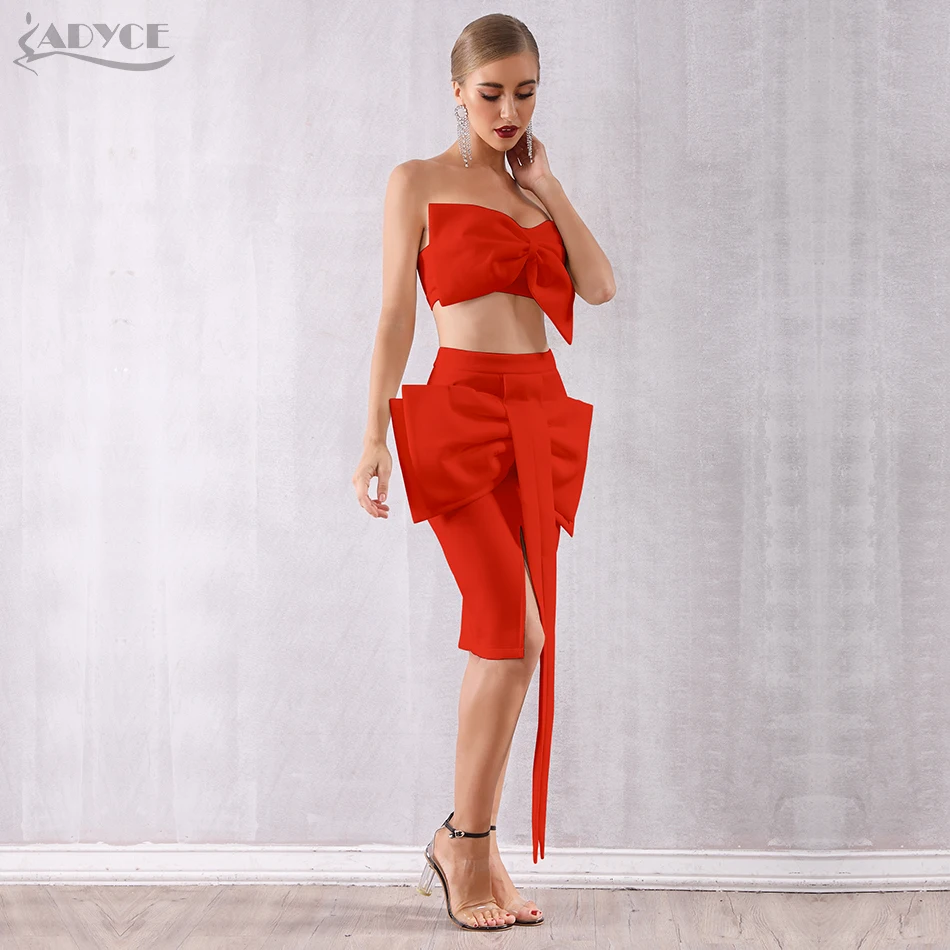 Adyce знаменитости Вечеринка платье для женщин Сексуальная Bodycon наборы для ухода за кожей без бретелек оборками рукавов лук красные, черны