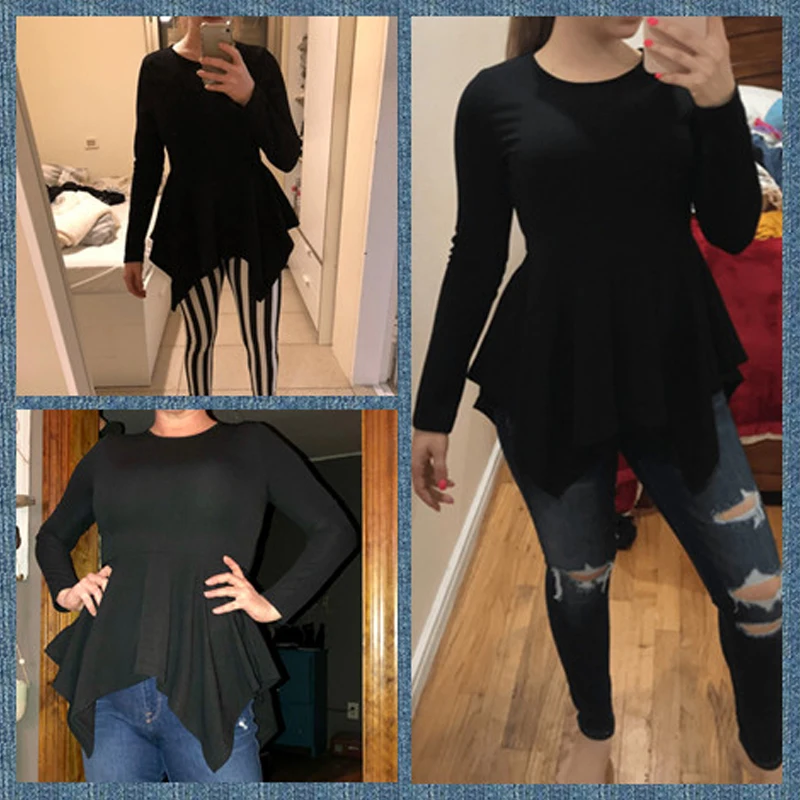 Sheinside, элегантная Офисная Женская футболка с длинным рукавом, Женская Асимметричная футболка с баской, черные рубашки, осень, женские Топы s