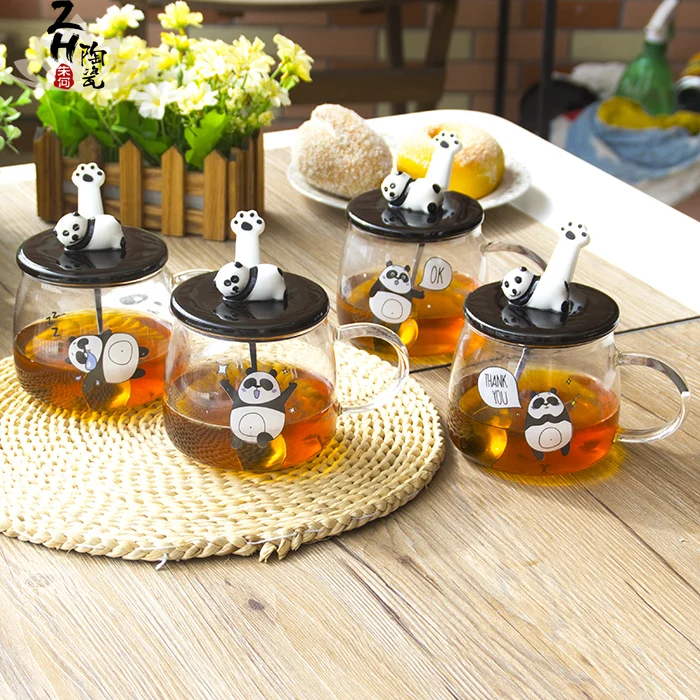Heat-resistant glass mug with lid borosilicate cartoon panda milk breakfast coffee cup home free shipping | Дом и сад
