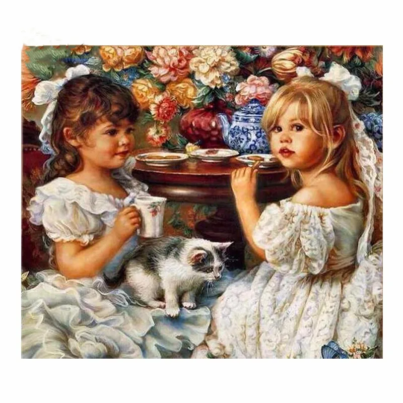 

5D DIY Diamond Painting Sister Girl &Cat &Flower Vase Embroidery Diamond Painting Cross Stitch Rhinestone Mosaic Painting