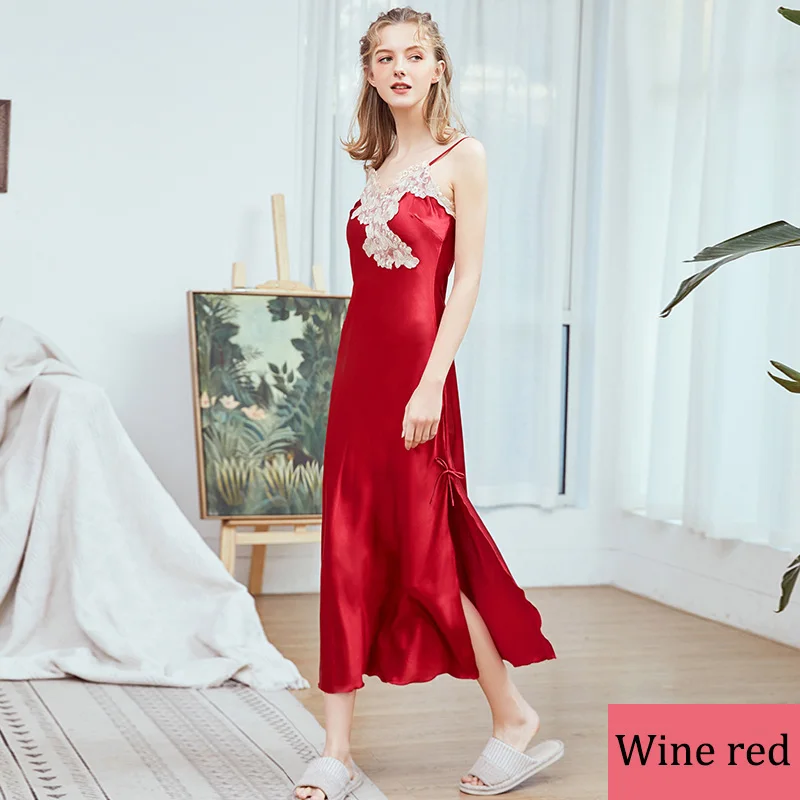 Wine red AEOZRING ночное белье женское сексуальное атласное белье кружевная сорочка ночная рубашка Loungewear халат сексуальная одежда для сна m-xl - Цвет: Wine red