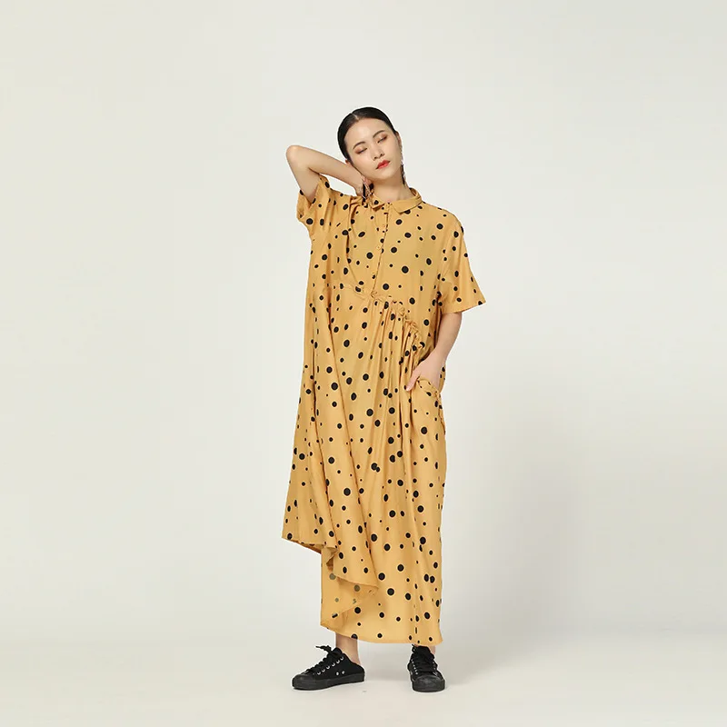 yellow ZLL4079 XITAO Плиссированное винтажное платье миди с рюшами, корейская мода, женская одежда, отложной воротник, пэчворк, неровный, дикий Джокер ZLL4079 - Цвет: yellow ZLL4079