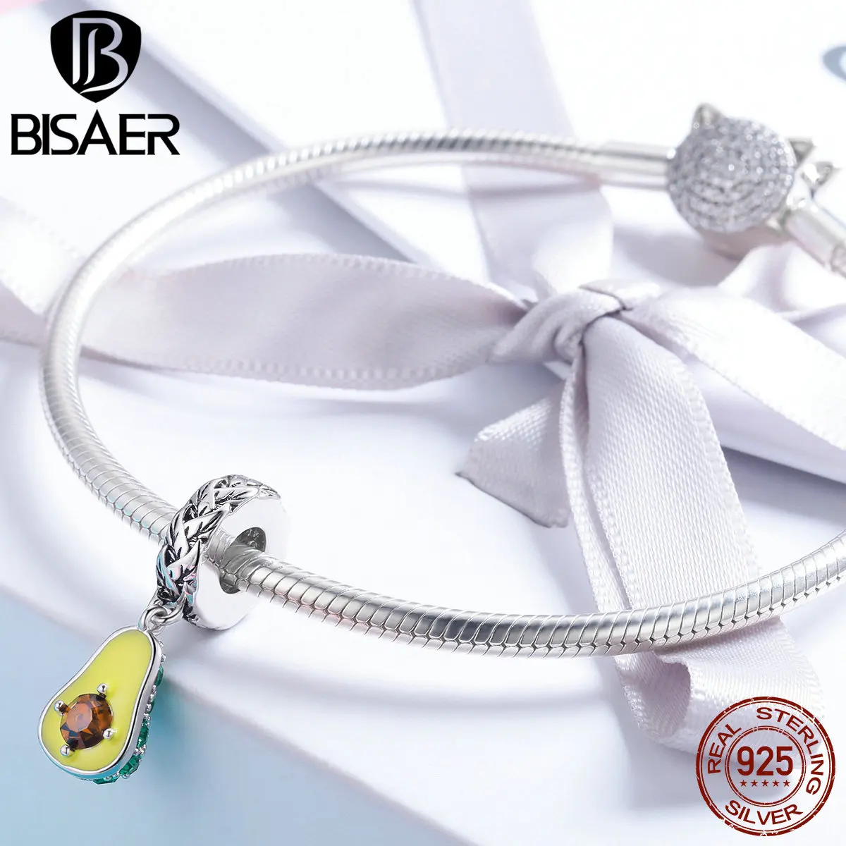 BISAER, Новое поступление, 925 пробы, серебро, фрукты, шарм, лето, авокадо, бусины, эмаль, подходят для браслетов, оригинальные серебряные ювелирные изделия EFC014