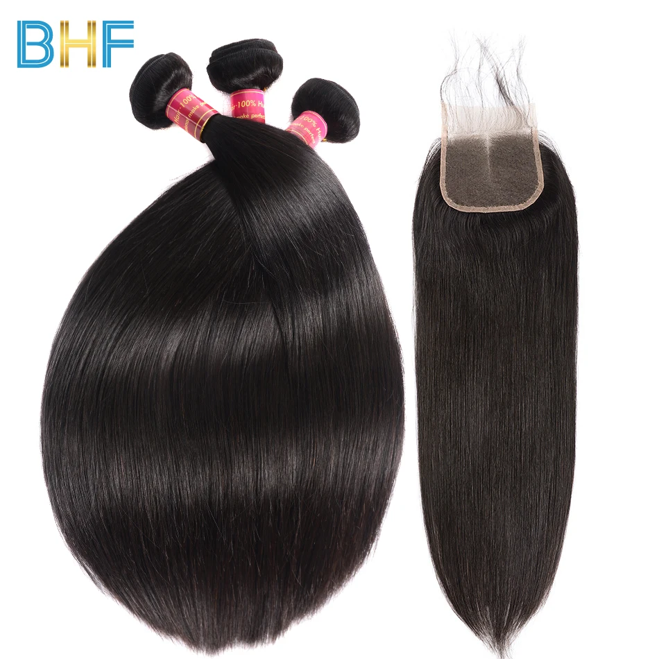 Bhf Реми пучки волос плетение с закрытием 3 Связки человеческих 4*4 прямо закрытия