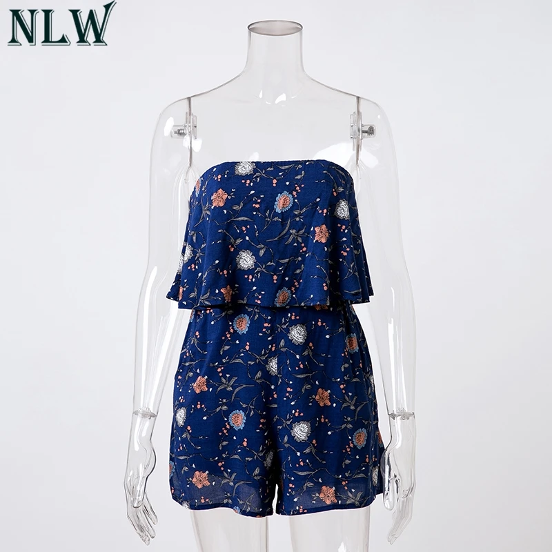 NLW без бретелек Boho печати сексуальный комбинезон с открытой спиной цветок синий