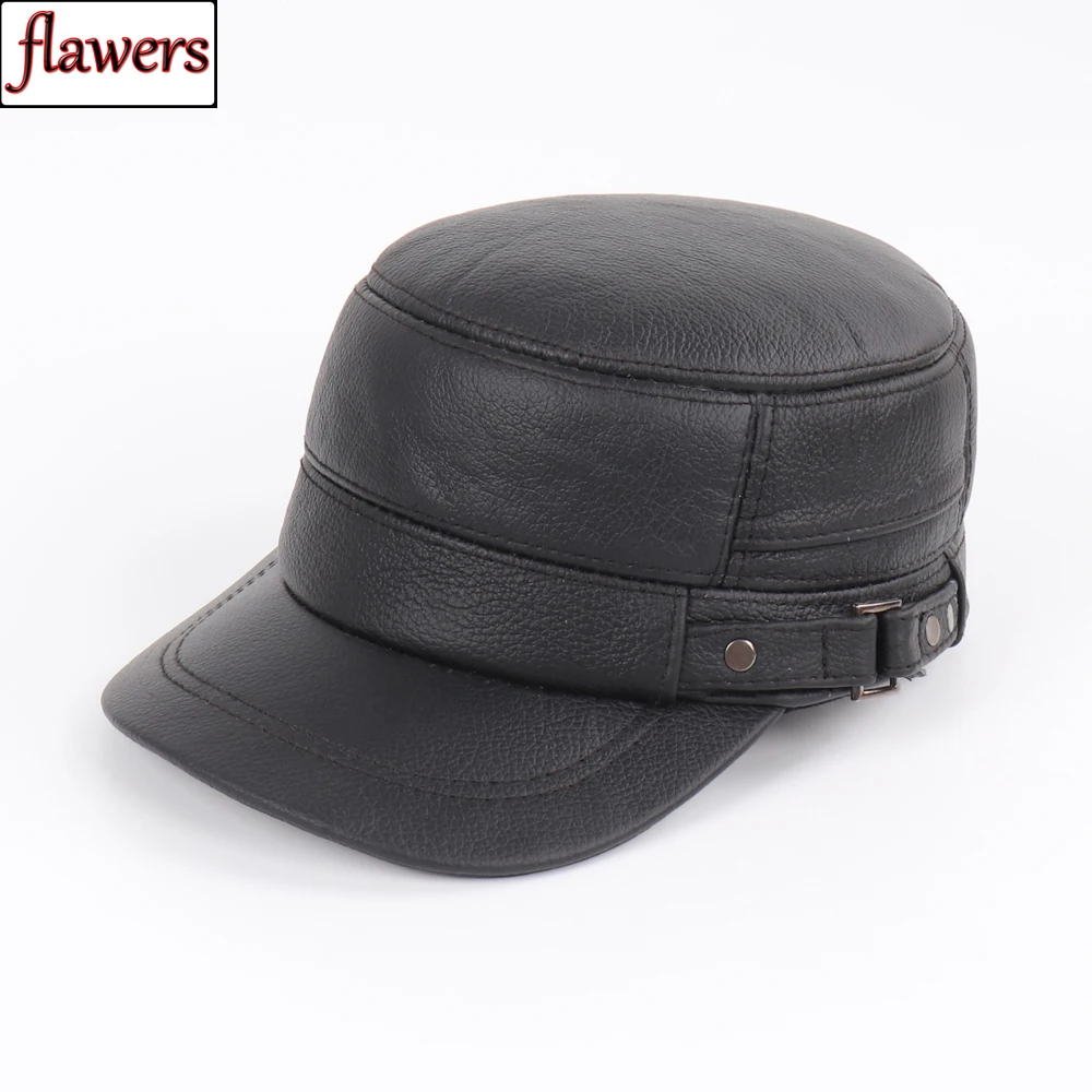 New Outdoor Men Real Sheepskin Leather Flat Caps Man Warm Real Natural Sheep Leather Military Hats Fall Winter Real Leather Hat