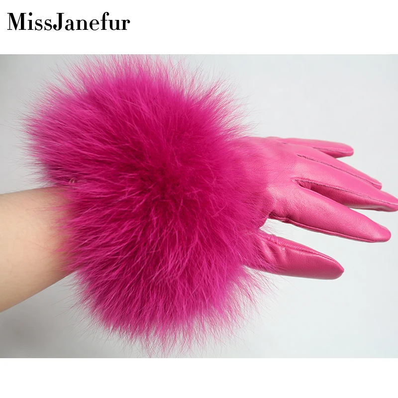Женские перчатки на палец манжеты из меха енота овечьей кожи утолщенные зимние