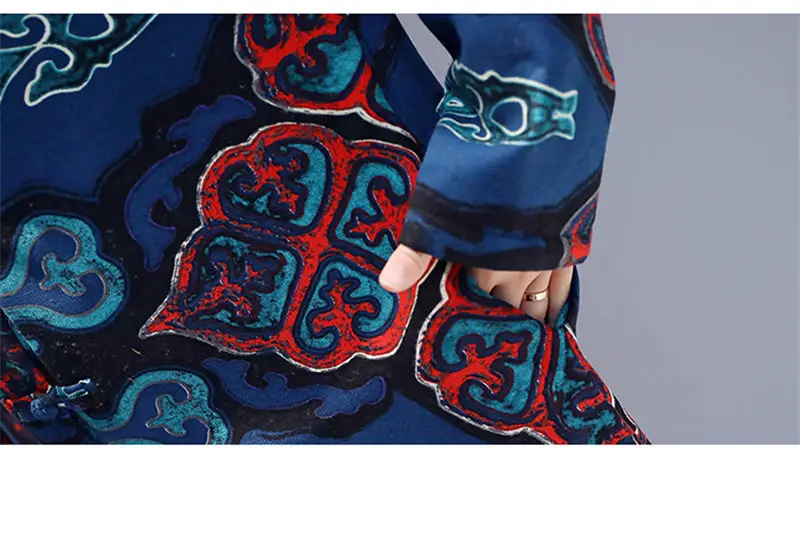 

2020 NEW Autumn Winter Retro Buckle National Wind Print long Windbreaker Jacket Women Cotton Linen velvet thick Hooded Coat V175