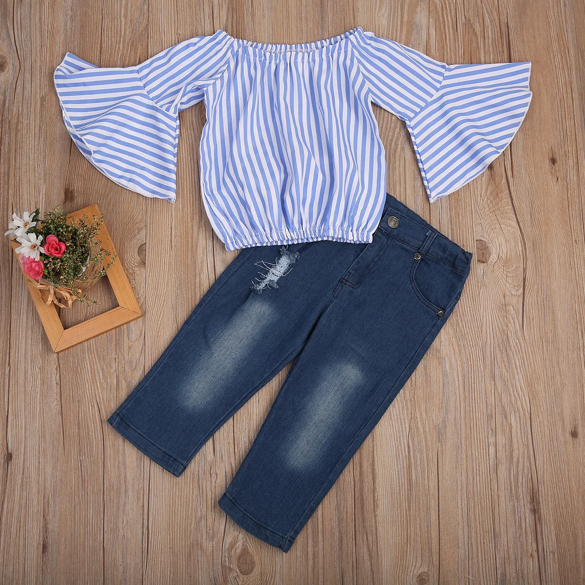 2017 Brand New 2pcs Toddler Infant Kids Baby Girls Outfits Set Striped Top T-shirt Jeans Pants Long Sleeve Autumn Clothes 1-7T | Мать и