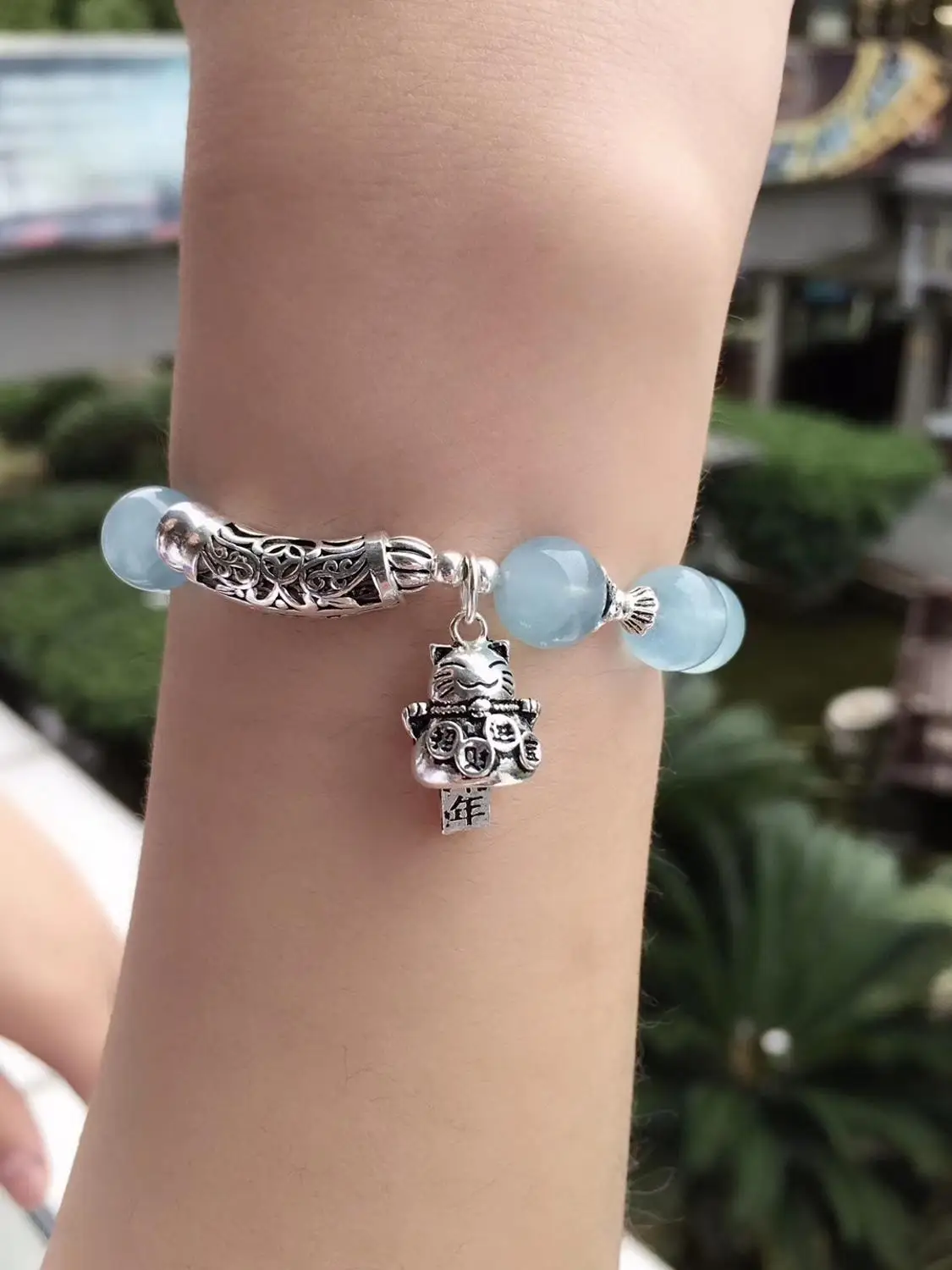 

Настоящее Серебро S925 пробы браслет женский синий Аквамарин шарик удача кошка кисточкой браслет подарок модный друг горячая распродажа