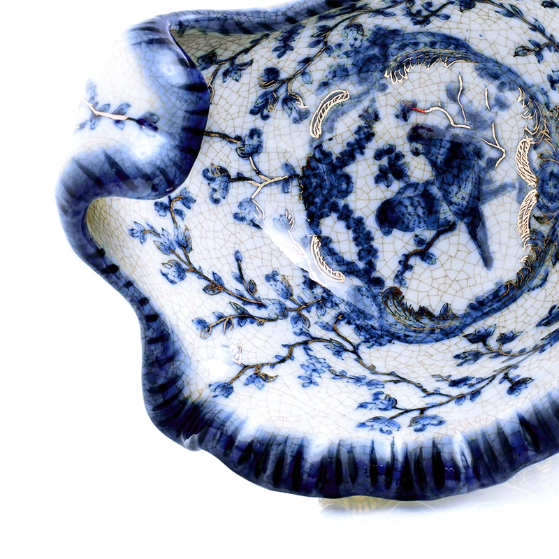 Ретро сине-белая керамическая инкрустированная медная чаша в виде ракушки