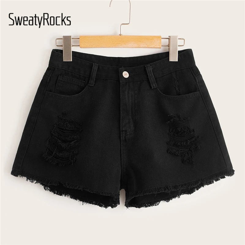 SweatyRocks, рваные потертые джинсовые шорты, уличная одежда, повседневные шорты с широкими штанинами,, Летние Женские однотонные шорты на пуговицах