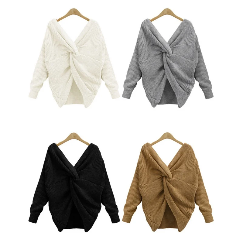

Knotted Back V Neck Twisted Sweater Women Jumpers Autumn Winter Pullovers Casual Tops Long Full Sleeve Knitted Sweaters
