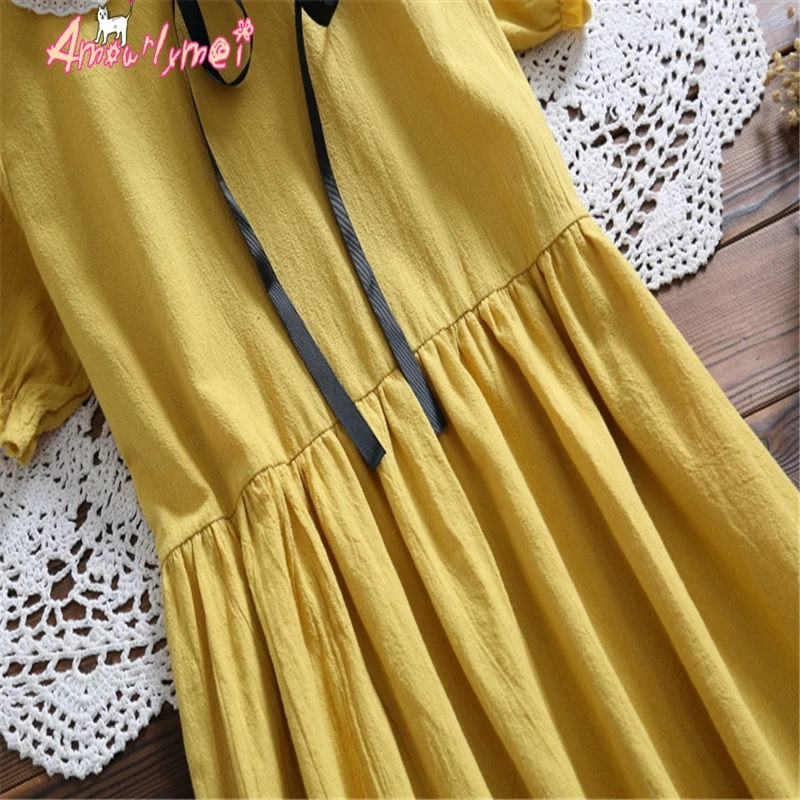 Женское Хлопковое платье с цветочной вышивкой желтое или розовое Повседневное в