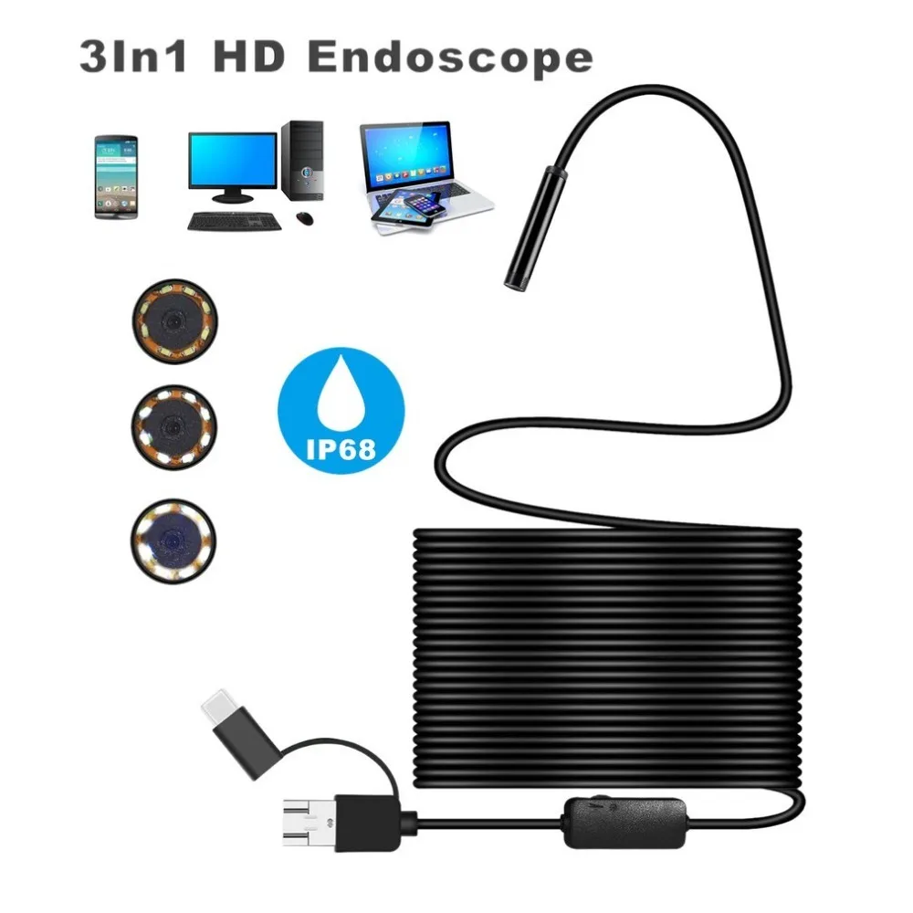 

1200P Android 8 мм микро-usb Type-c USB 3-в-1 компьютерный ушной очиститель эндоскоп бороскоп трубка Водонепроницаемая инспекционная видеокамера