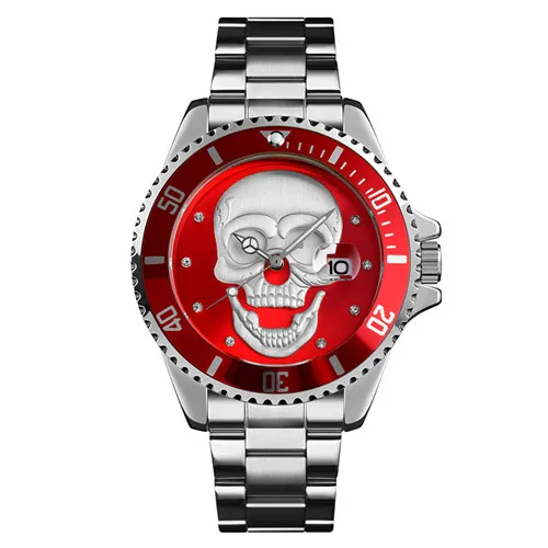 Silver red Креативные мужские кварцевые часы с рисунком черепа, водонепроницаемые мужские наручные часы из нержавеющей стали, мужские часы Relogio Masculino 9195 - Цвет: Silver red