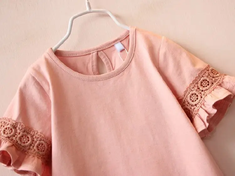 Детская одежда кружевная однотонная хлопковая Футболка с круглым вырезом и