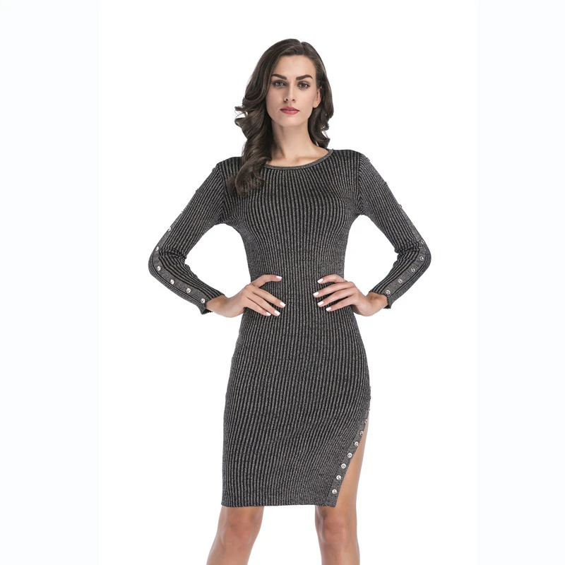 Elegant Split Knitted Bodycon Dress Women Long Sleeve Sexy Party Dresses Autumn Winter O-neck Midi Vestidos WLD303 | Женская одежда