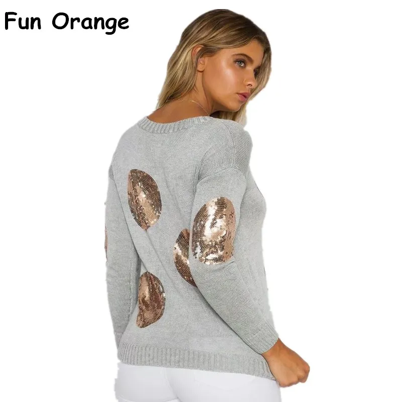 Весело оранжевый с блестками и круглым серый Вязание пуловер осень-зима 2017