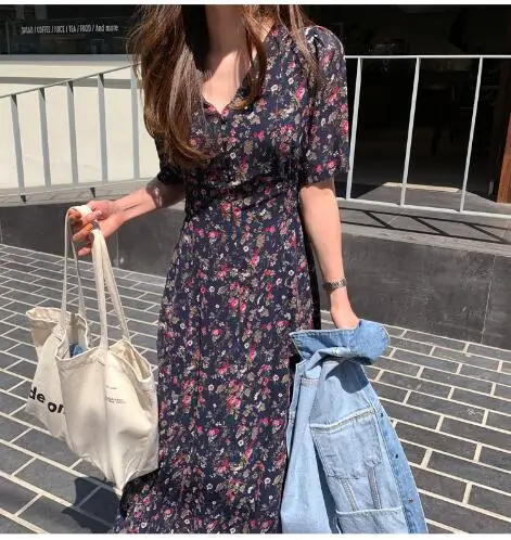 Dark blue Винтажные платья красные популярные женские модные корейские стильные дизайнерские тонкие трапециевидные темпераментные женские шифоновые платья с цветочным принтом длинные 610 - Цвет: Dark blue