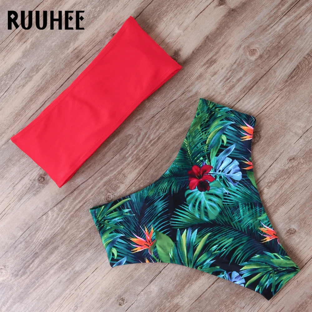 RUUHEE, бикини,, купальник, женский, с принтом, высокая талия, бикини, набор, без бретелек, бандо, купальник, женская пляжная одежда, бикини
