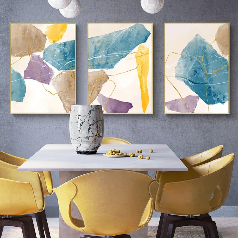 Абстрактная синяя и желтая Геометрическая картина с камнями на холсте