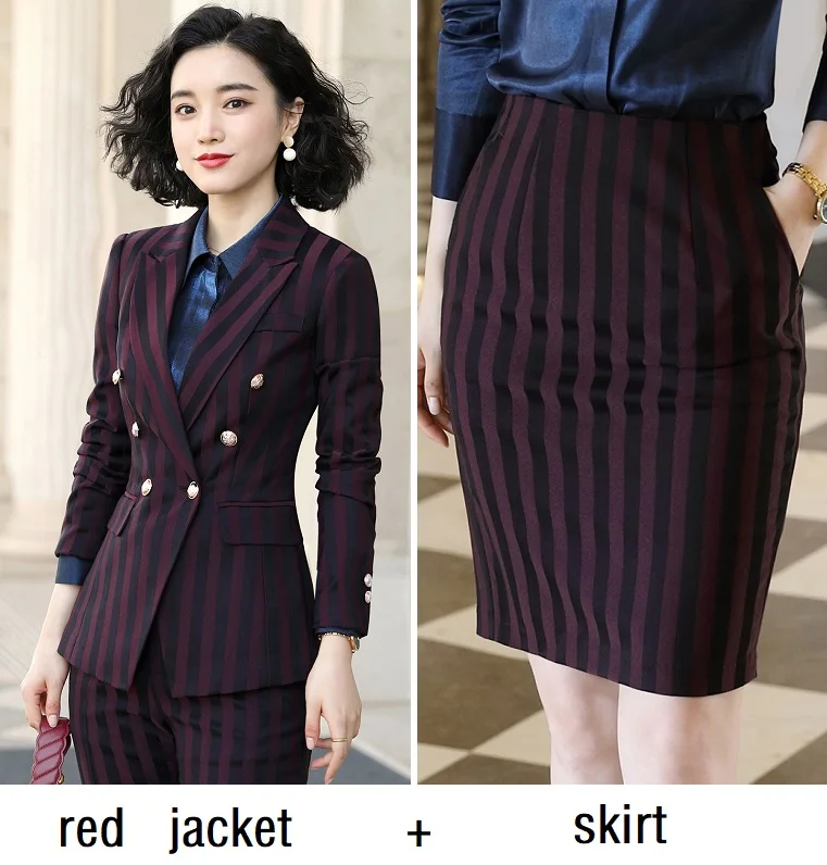 red jacket skirt Женские костюмы, тонкие осенние полосатые куртки с длинным рукавом и штаны, комплект из 2 предметов, OL Официальные Женские Брючные костюмы, женские костюмы 9851 - Цвет: red jacket skirt