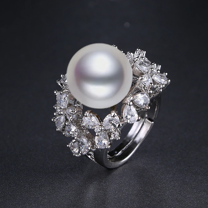 

New Luxury Big Pearl Women Ring AAA Cubic Zirconia Pave White /Gold-Color Finger Rings For Wedding Party Gifts R-004