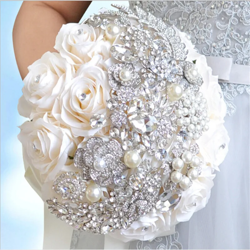 D511 роскошный букет невесты с жемчугом и кристаллами из бисера роз на свадьбу
