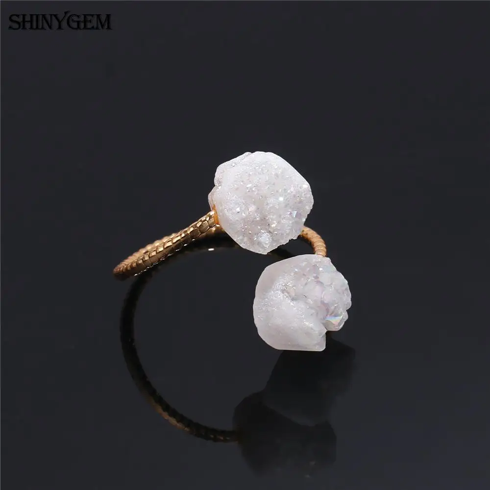 ShinyGem,, Винтажное кольцо с золотым покрытием, необычное двойное кольцо с друзами, кольца с регулируемым натуральным камнем для женщин, 5 шт./лот