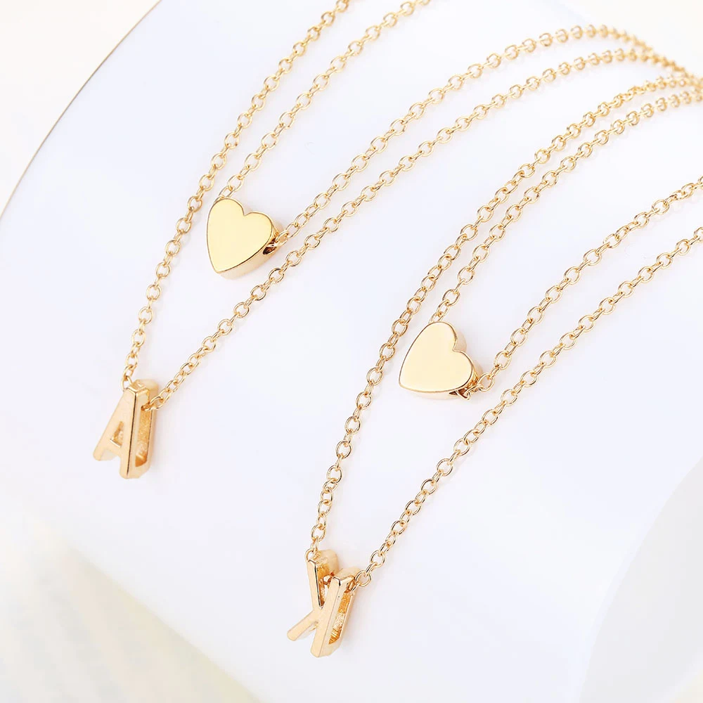 Fashion Double Layer Tiny Dainty Heart Initial Necklace Heart Shape Pendant Letter Necklace Name Chokers Necklaces for Women