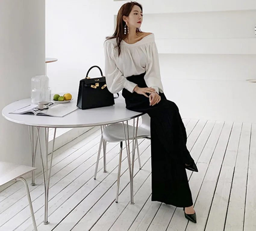 Женский костюм с брюками HAMALIEL белая шифоновая рубашка вырезом лодочкой + черные