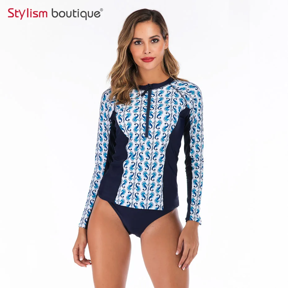 New Rashguard Padded Long Sleeve Swimsuit Surfing Rash Guard Women Two Piece Swimwear Separate Tankini Sport Bathing Suit