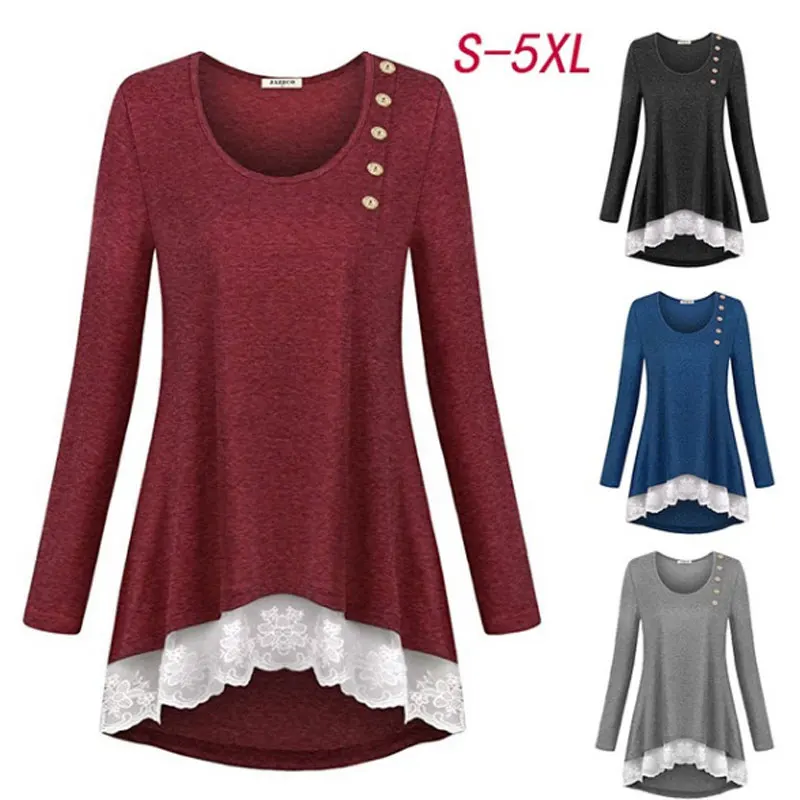 2019 женские кружевные пуловеры с круглым вырезом и длинными рукавами футболки