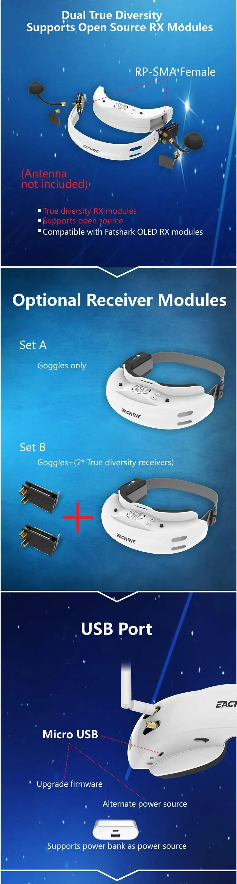 Eachine EV200D 1280*720 5,8G 72CH истинное разнообразие FPV очки HD порт в 2D/3D встроенный DVR