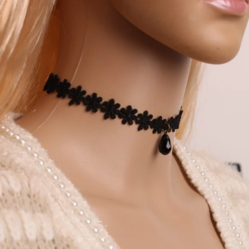 Custom Jewelry Punk Collar Choker Necklace Black Acrylic Water Drop Pendant Lace Flower Sexy Vampire x108 | Украшения и