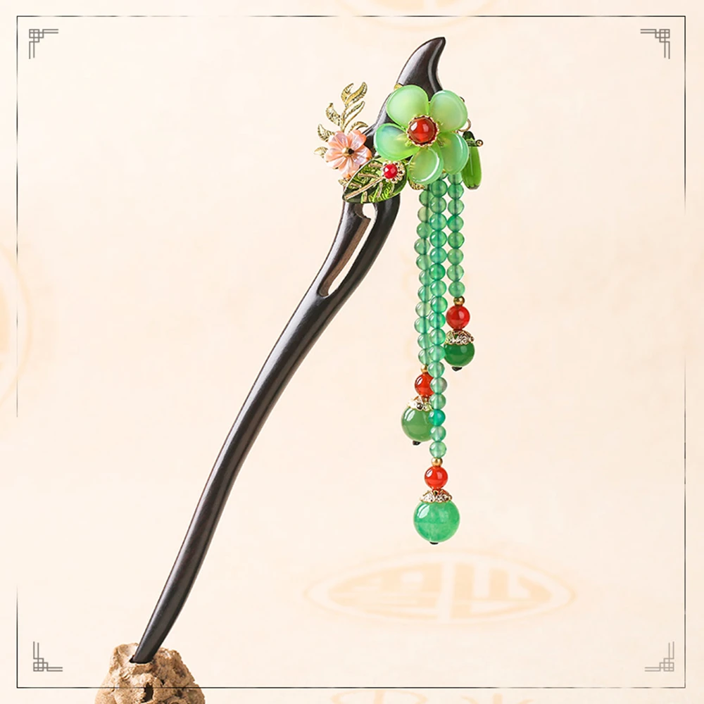 Ethnic Handmade Tassel Woman Hair Sticks Colored Glass Flower Leaves Pink Shell Green Red Stone Black And Ebony FZ-18126 | Украшения и