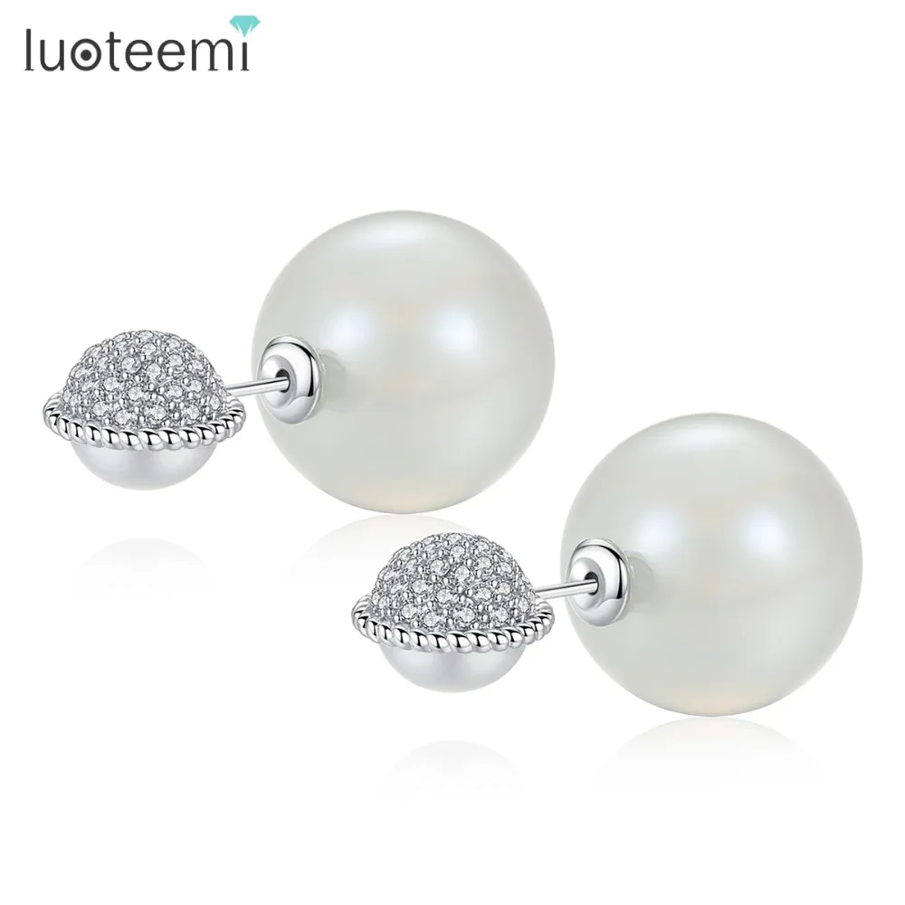 

LUOTEEMI Double Imitation Pearl Stud Earrings for Women Tiny CZ Paved White and Pink Imitation Pearl Trendy Earrings Jewelry
