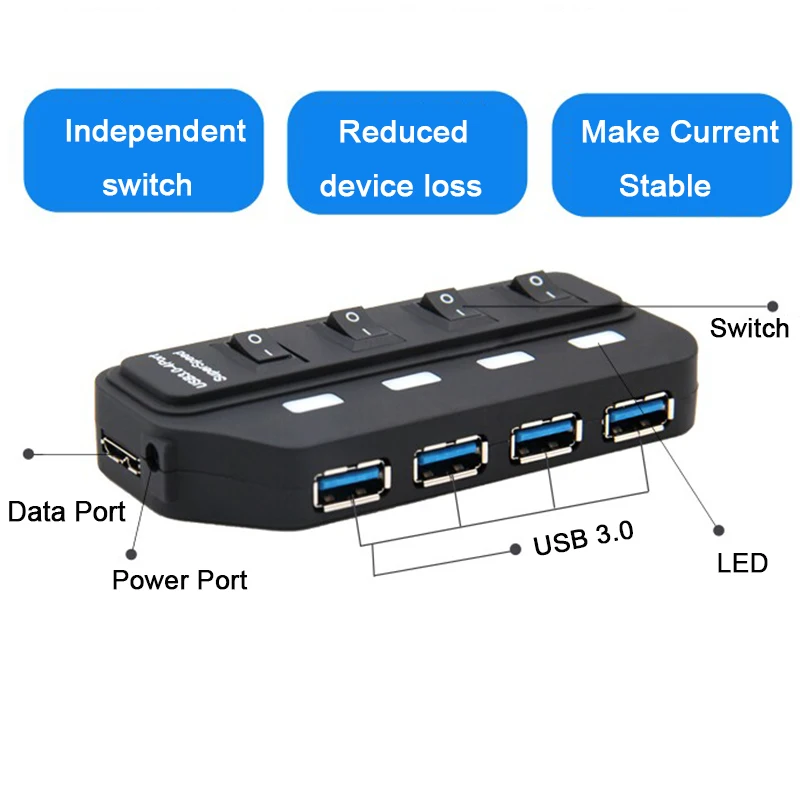 5 Гбит/с USB 3 0 концентратор 4 порта Переключатель светодиодный адаптер сплиттер с