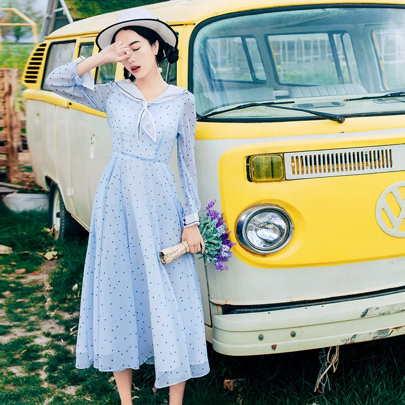 Женское шифоновое платье миди винтажное в горошек с длинным рукавом и свободным