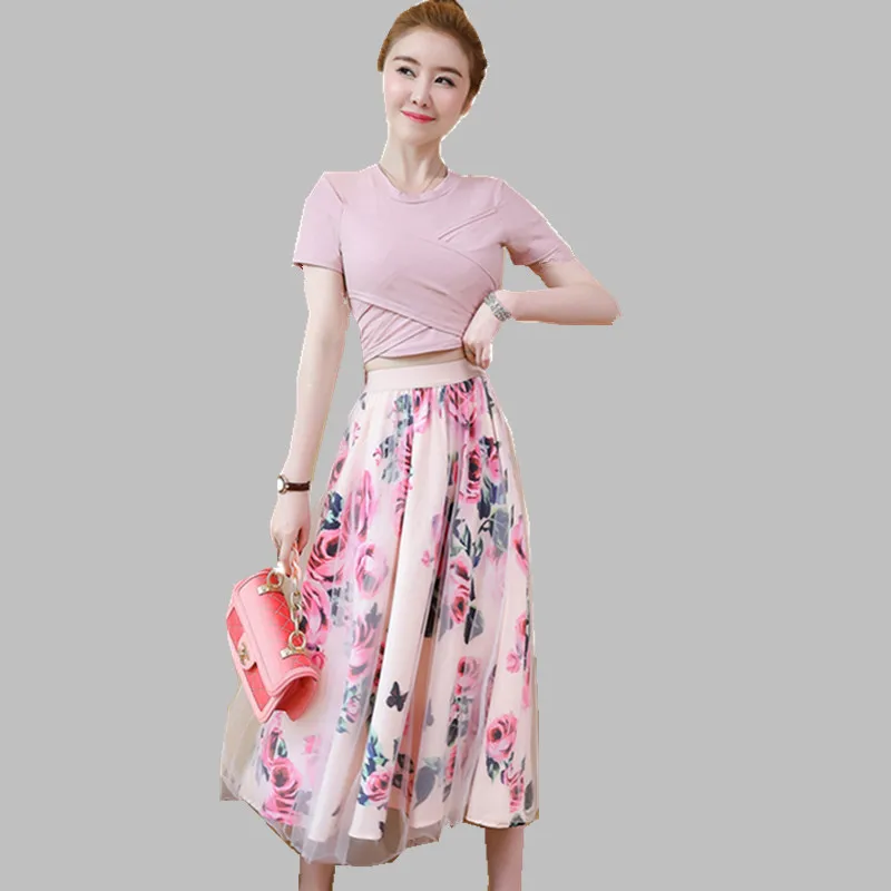 Photo Color Новое поступление, женская летняя футболка с коротким рукавом и бантом+ сетчатые юбки, костюмы с принтом розы, комплекты из двух предметов с юбкой - Цвет: Photo Color