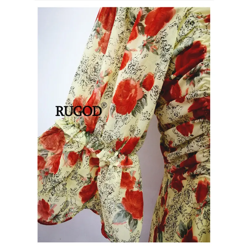 RUGOD Новое поступление однобортное Плиссированное шифоновое платье для женщин с v-образным вырезом на талии легкий цветочный Рисунок с пышными рукавами летнее платье