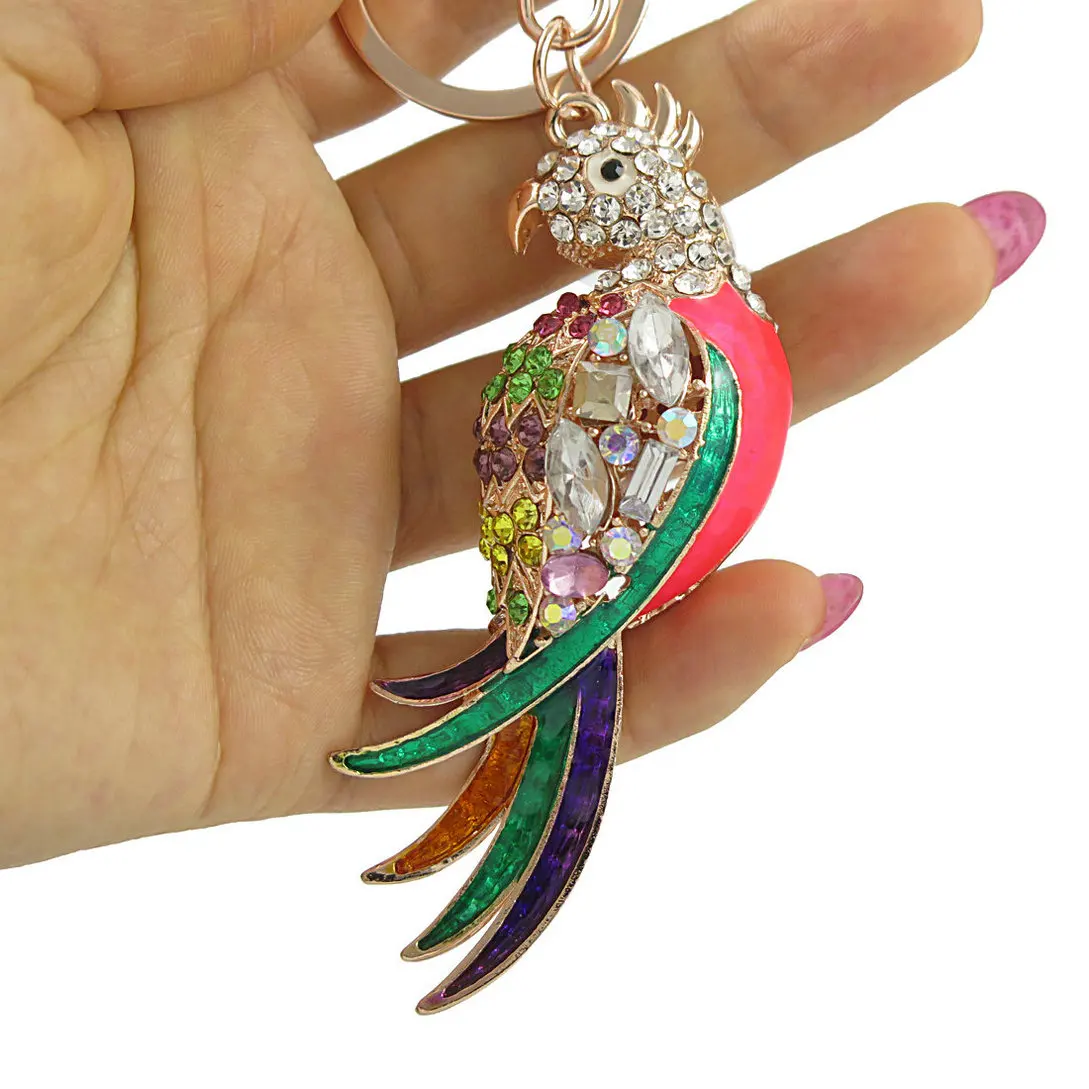 New Fashion Women Colorful Cute Keychains Metal Pendant Keyrings Parrot Bird Crystal Charm Keyholder Car Key Chain Ornaments | Украшения и