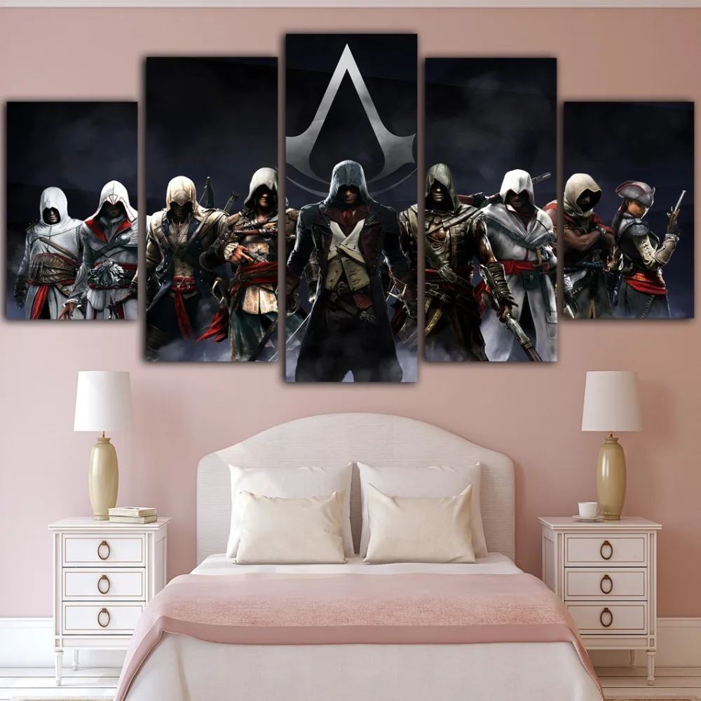 5 шт., игровые плакаты Assassins Creed, живопись, черный холст, художественные настенные картины для гостиной, живопись, картина, квадраты, Decoracao