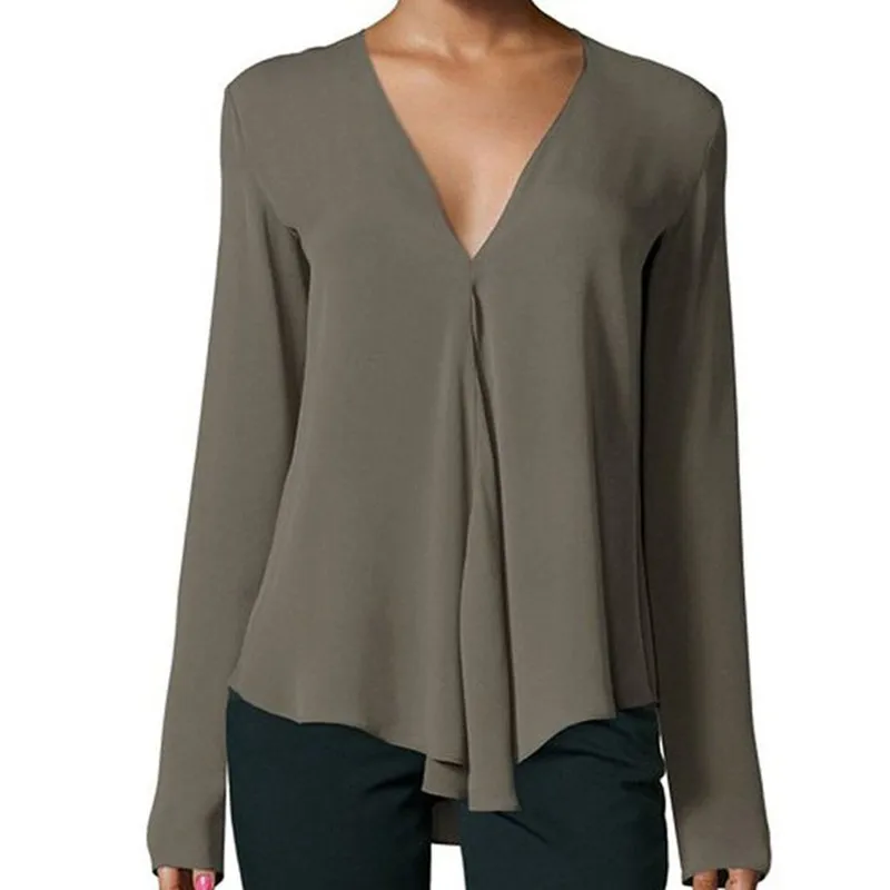 Plus Size S-6XL Casual V-neck Women Chiffon Top and Blouses Solid Color Long Sleeve Female Shirt |