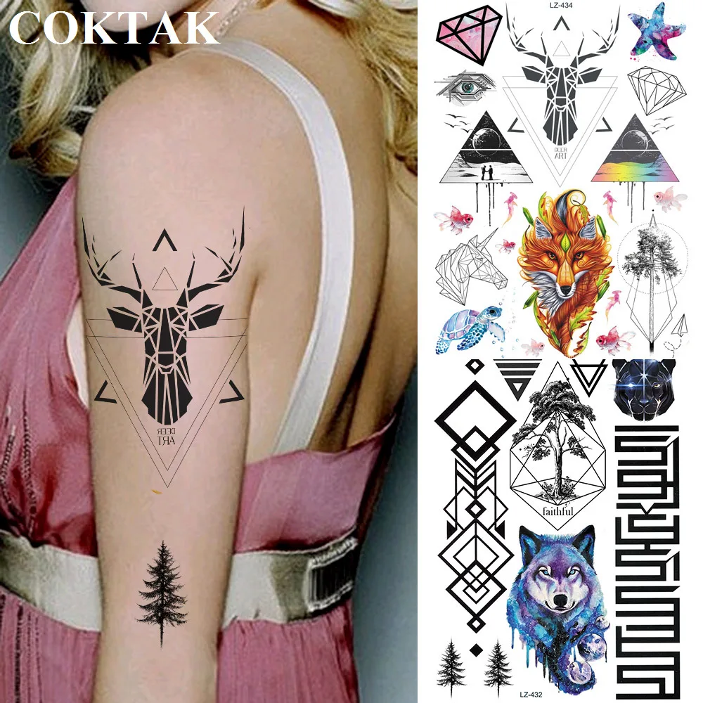 

COKTAK Tribal Wolf Fox Totem Temporary Tattoos Sticker Geometric Deer Elk Waterproof Tatoos Triangle Body Art Wrist Tattoo Paper